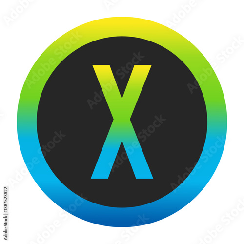 Harmonious Sunny Yellow, Fresh Grass Green, and Deep Ocean Blue Gradient Symbol Capital Letter X on a Dark Slate Gray Circle with a Matching Seamless Color Transition Ring