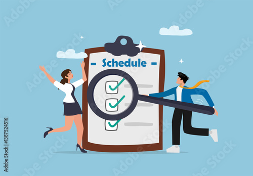 Detailed business professionals analyzing project schedules and task checklists with magnifying glasses for effective time and team management.