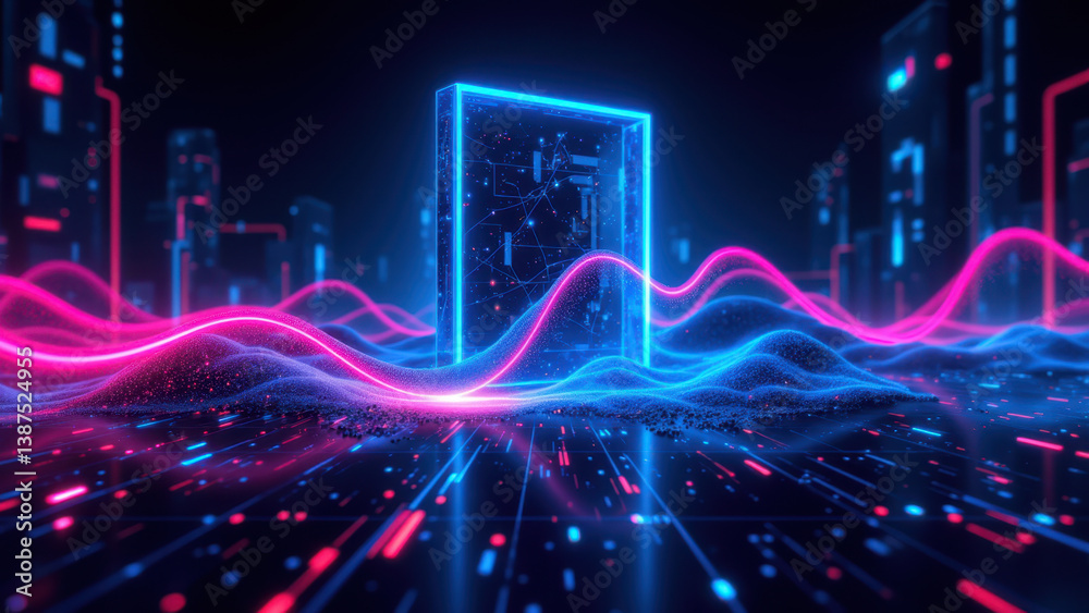 Obraz premium A futuristic digital interface with a door at its center, symbolizing secure access to networks or systems within the cyber realm.