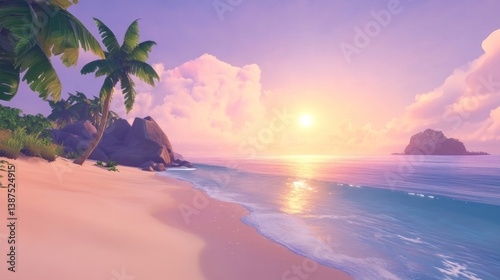 Pastel serenity, Tropical beach escape at sunrise with calming colors