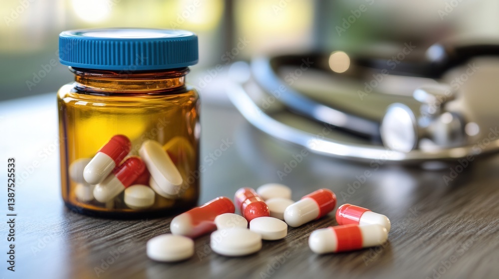 Medication in a jar with a stethoscope Medication in a jar with a stethoscope