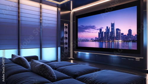 Bild auf Leinwand Modern Home Theater Featuring A Large Screen And Cityscape At Night