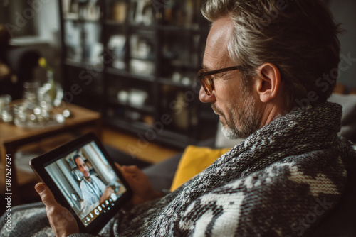 A middle aged man having a virtual consultation with a medical doctor from home with a tablet computer