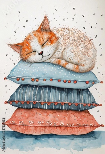 Sleeping cat on pillows: a detailed watercolor illustration of a ginger and white cat sleeping sweetly on a pile of soft pillows.