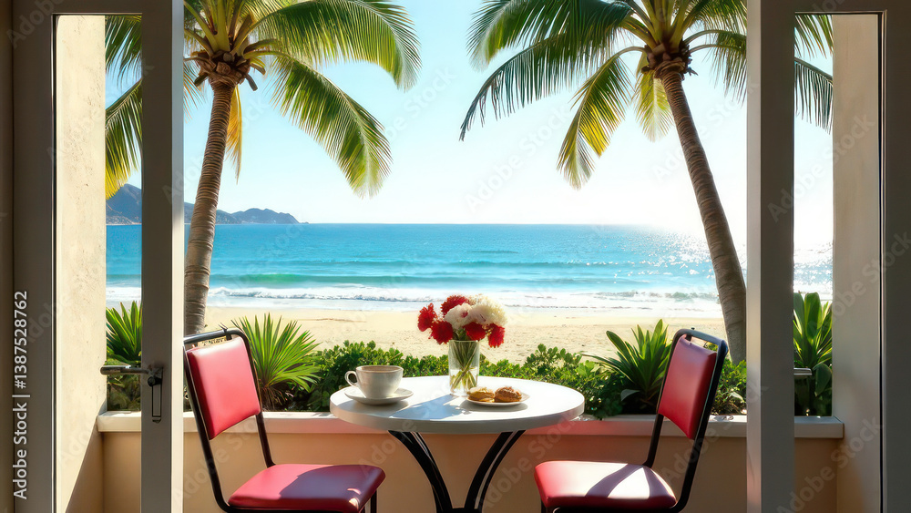 Fototapeta premium Ocean view, a bistro table with two chairs and a cup of coffee in front of a window overlooking the beach. There are flowers in a small vase on the table and a plate of pastries next to a cup of tea. 