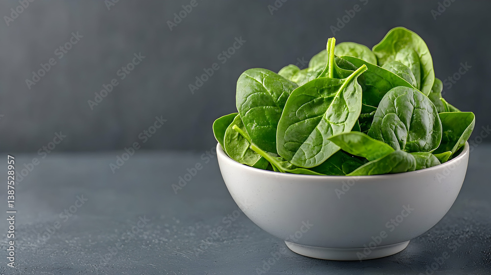 Fresh Green Spinach in White Bowl on Dark Background Fresh Green Spinach in White Bowl on Dark Background
