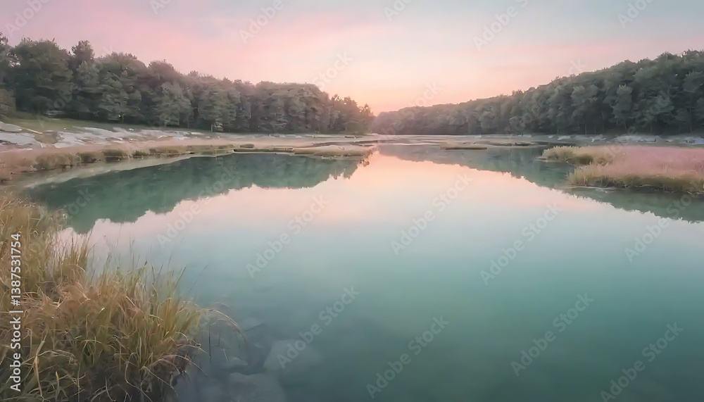 Calm Lake Reflecting Soft Sunset Sky with Trees Along the Shoreline Calm Lake Reflecting Soft Sunset Sky with Trees Along the Shoreline