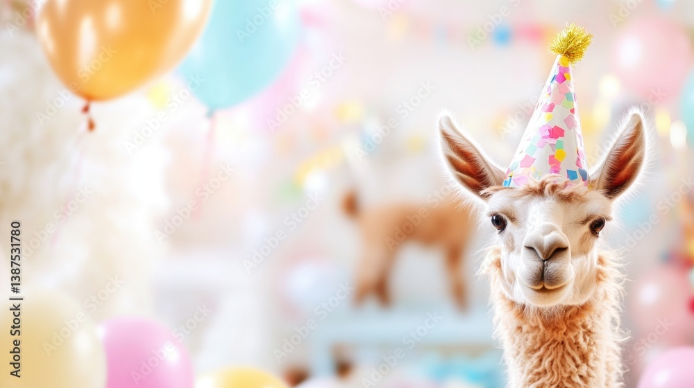 Fototapeta premium A llama joyfully dons a party hat amid vibrant balloons and decorations, capturing the spirit of a festive celebration