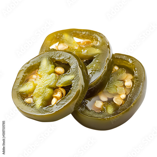 Sliced pickled jalapeno pepper rings isolated on transparent background, glossy green chili with visible seeds, PNG cutout for food packaging and menu design