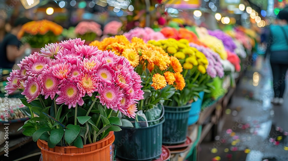 Fototapeta premium A street vendor selling colorful flowers in a bustling market. HD 8K wallpaper Photographic Image 