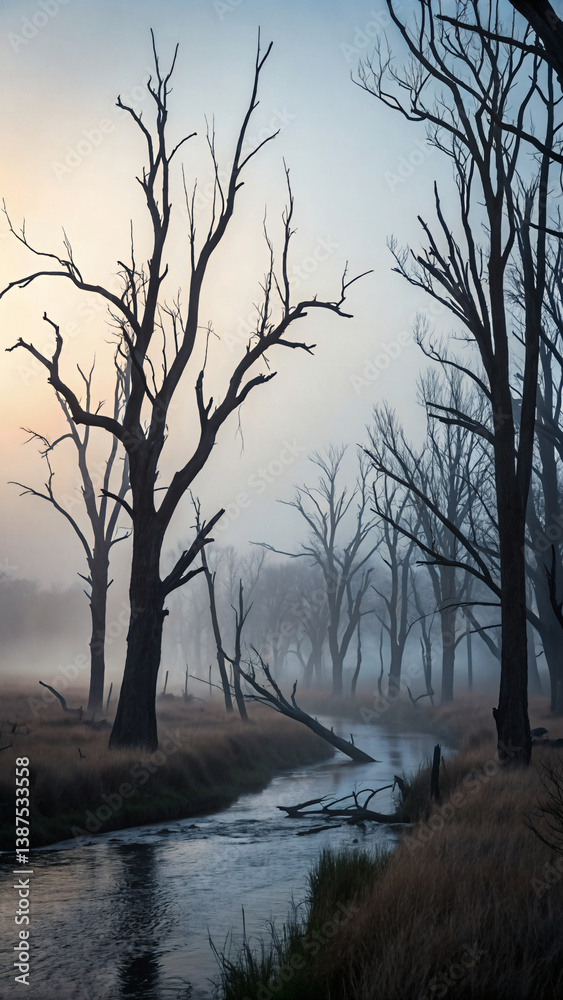 Misty forest with bare trees and a narrow stream creating an eerie, atmospheric landscape scene. Misty forest with bare trees and a narrow stream creating an eerie, atmospheric landscape scene.