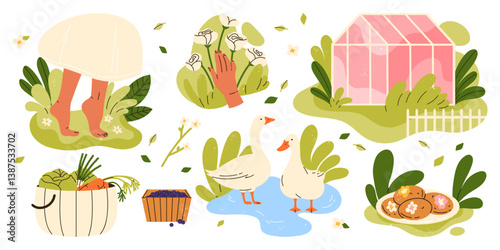 Cottagecore lifestyle set. Cozy rural life, barefoot walks, gardening, homemade food. Harmony with nature vibe. Slow living, relaxing countryside aesthetic. Isolated vector illustration