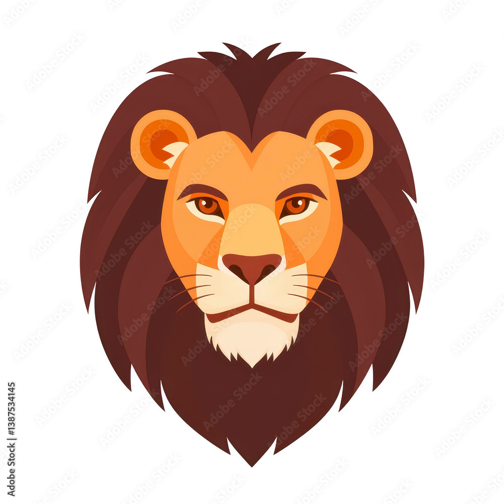 Obraz premium A stylized illustration of lion head features bold mane and intense gaze, capturing majestic and powerful essence of animal. artwork uses warm tones and clean lines for modern look
