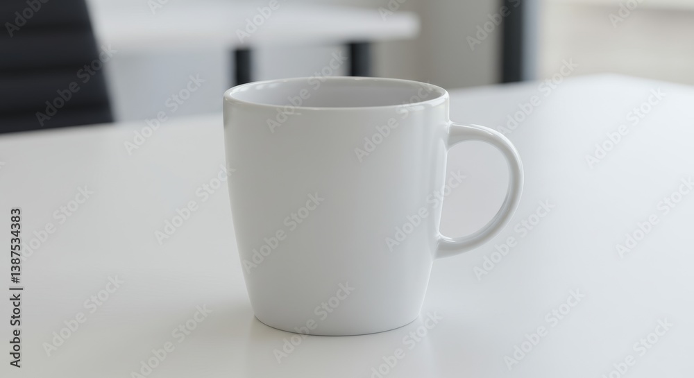 Minimalist white mug mockup resting on a pristine office table surface Minimalist white mug mockup resting on a pristine office table surface