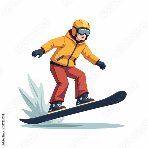 Young snowboarder performing a jump against a white background  