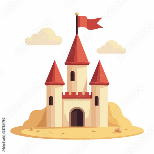 Colorful cartoon castle with red flags against a blue sky  