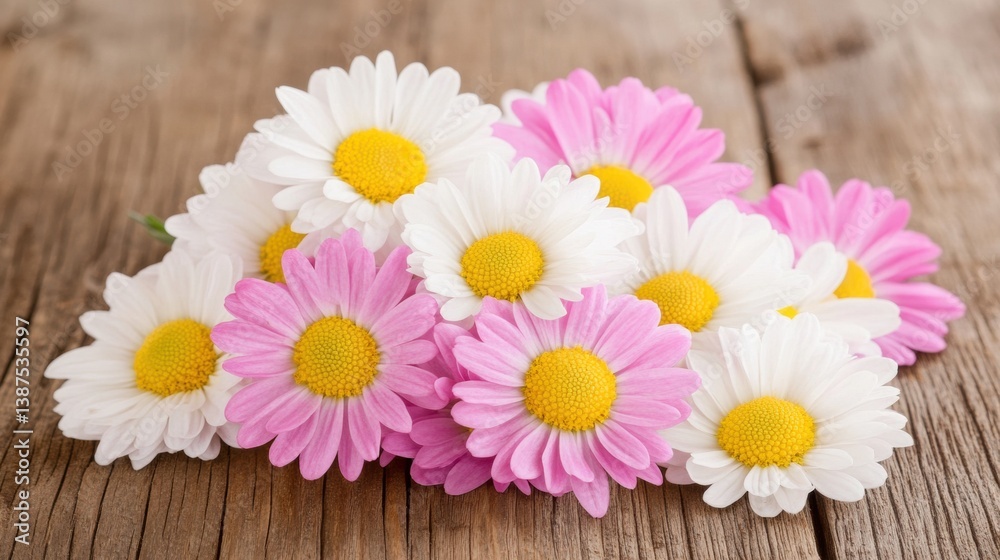 Obraz premium A cluster of pink and white daisies is artfully arranged on a weathered wooden table, showcasing fresh blooms and their vibrant colors