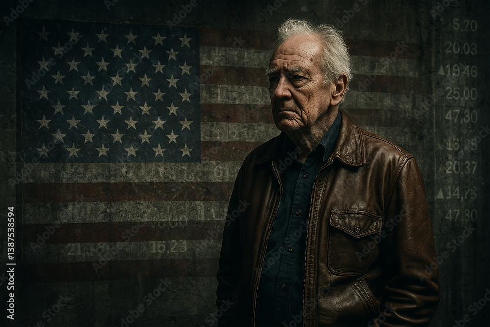 Naklejka premium 荒れた星条旗を背に立つ高齢男性と経済回復の記憶