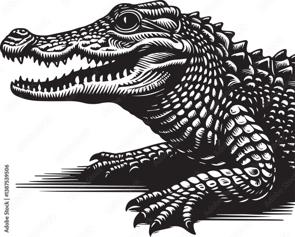 Obraz premium Crocodile Vector Art in Black and White – Detailed Reptile Graphic Design 
