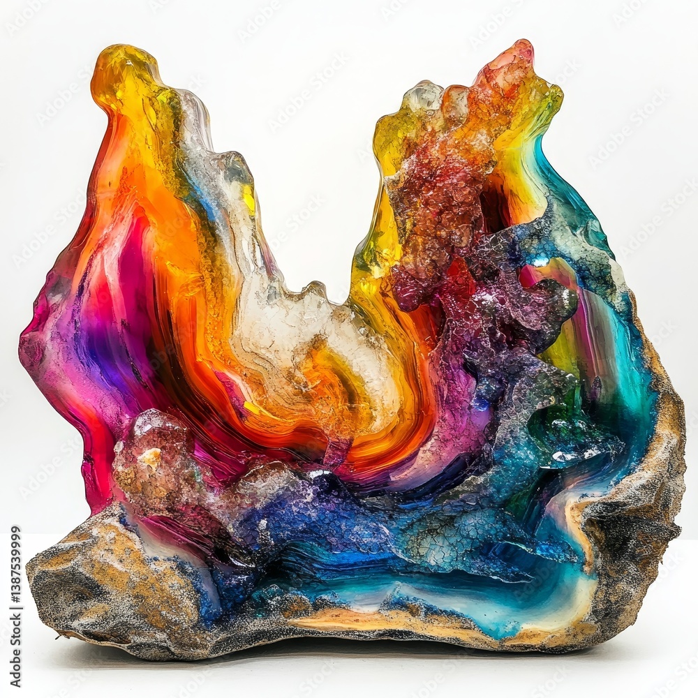 Fototapeta premium Colorful mineral specimen with layers of pink orange yellow blue and gray.