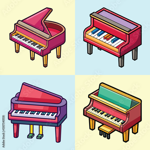 Collection of Colorful Cartoon Grand Pianos and Upright Pianos