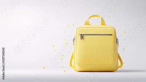 A bright yellow backpack sits on a white surface. It has a square shape and a top handle. Yellow confetti-like dots are subtly scattered in the background. The image is high-quality, with even light