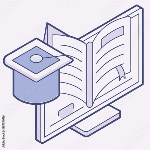 Round online education platform featuring digital open book with integrated video lecture display for remote learning