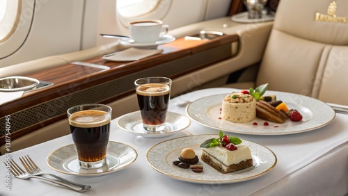 Enjoying espresso shots alongside exquisite fine dining in a luxurious private jet setting