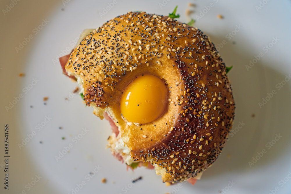 Close-up of bitten bagel with egg, ham, cheese and fresh greens. Half-eaten breakfast sandwich on plate, top view