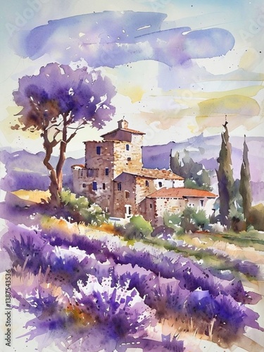 Watercolor Tuscany landscape: a detailed watercolor illustration of a Tuscan landscape with lavender fields, an old castle, and cypress trees.