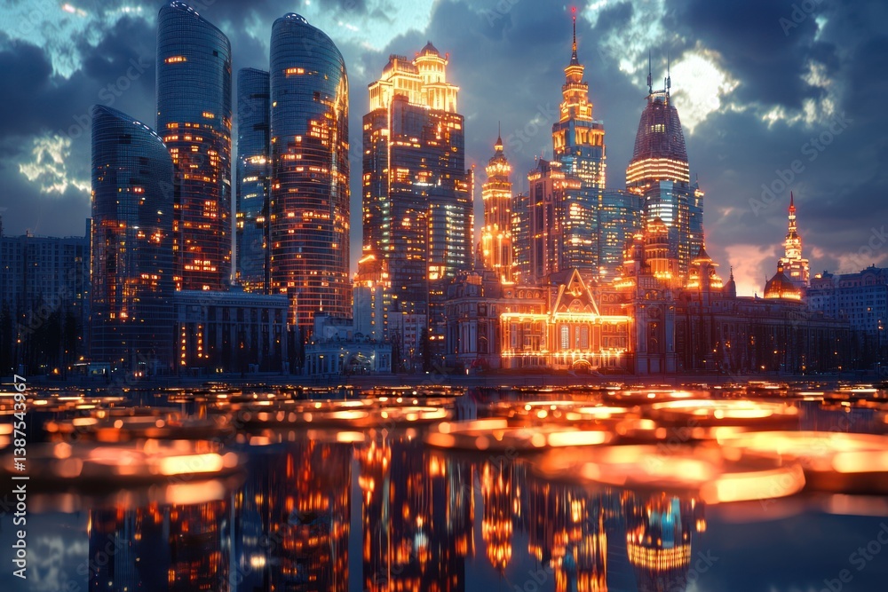 Fototapeta premium Stunning City Skyline at Dusk with Reflections on Water Surface
