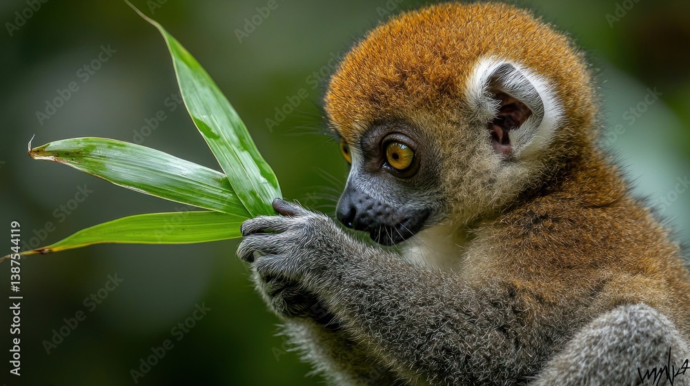 Fototapeta premium Curious lemur examining a vibrant green leaf. A small, brown and gray lemur with large, expressive eyes intently inspects a leafy stem