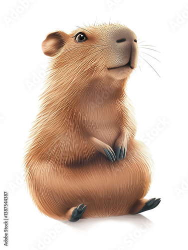 Cute cartoon capybara sitting sideways, isolated on white background.