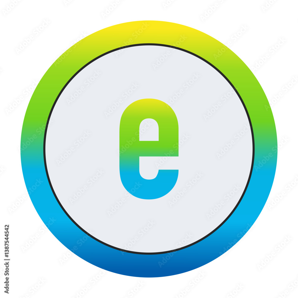 Vibrant Lemon Yellow, Soft Leaf Green, and Bright Sky Blue Gradient Lowercase Letter e in a Pure White Circle Framed by a Seamlessly Blended Color Gradient Border Vibrant Lemon Yellow, Soft Leaf Green, and Bright Sky Blue Gradient Lowercase Letter e in a Pure White Circle Framed by a Seamlessly Blended Color Gradient Border