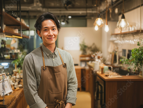 温かみのあるカフェで微笑む男性店員さん