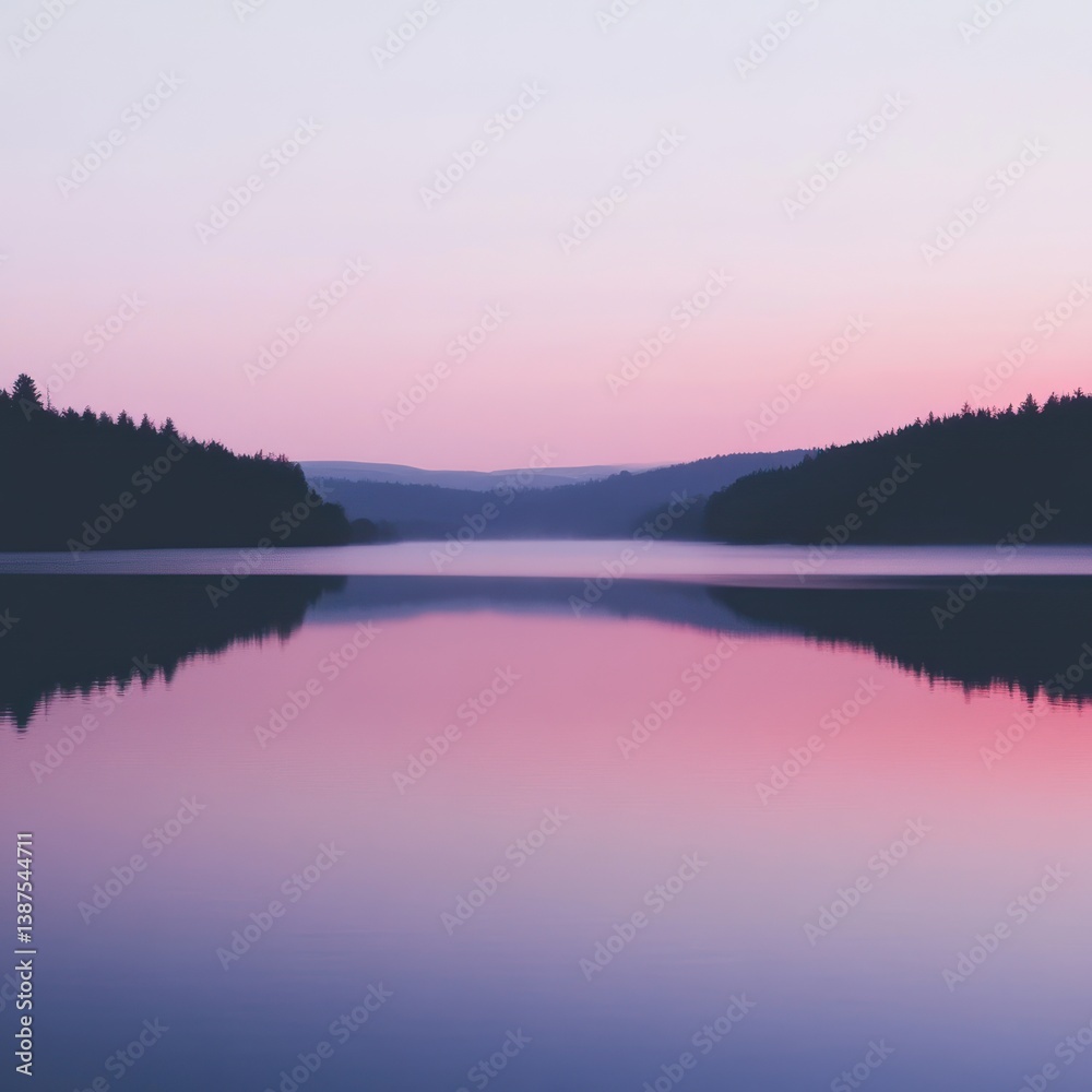Obraz premium Tranquil twilight reflections on calm lake with forested shoreline
