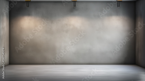 Empty grey room interior with overhead spotlights casting soft shadows on textured walls for product or art display