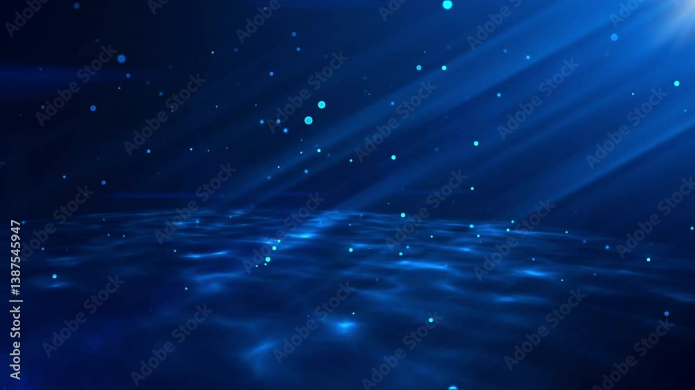 blue realistic 3d particle underwater particle bouncing floor floating particles with beautiful flares background animation