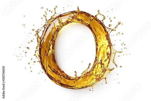 Golden Liquid Ring Splash Isolated on White, Splattering, Fluid Dynamics, Flowing