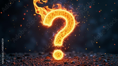 A fiery question mark emerges from a dark background, symbolizing curiosity and inquiry through flames and sparks