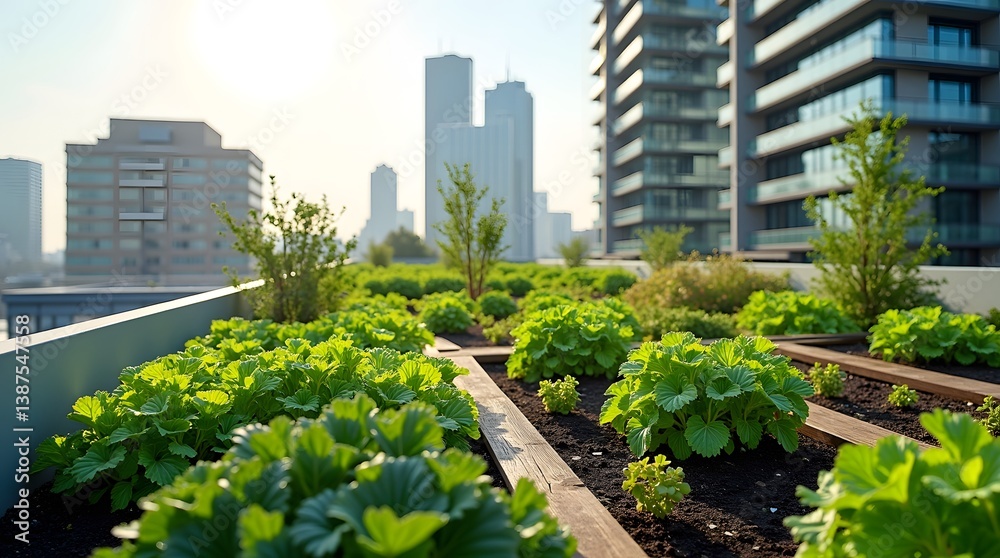 Fototapeta premium Urban Greening rooftop with lush city skyline