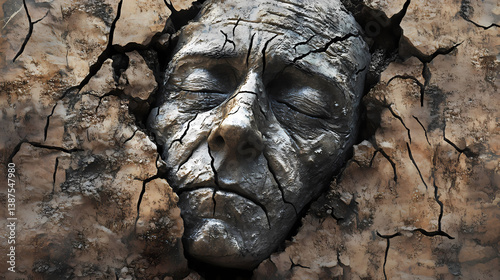 A crumbling face with corrosion and cracks, surrounded by fractured dirt ground, representing the destructive forces of time and nature. Crumbling Memories. Illustration