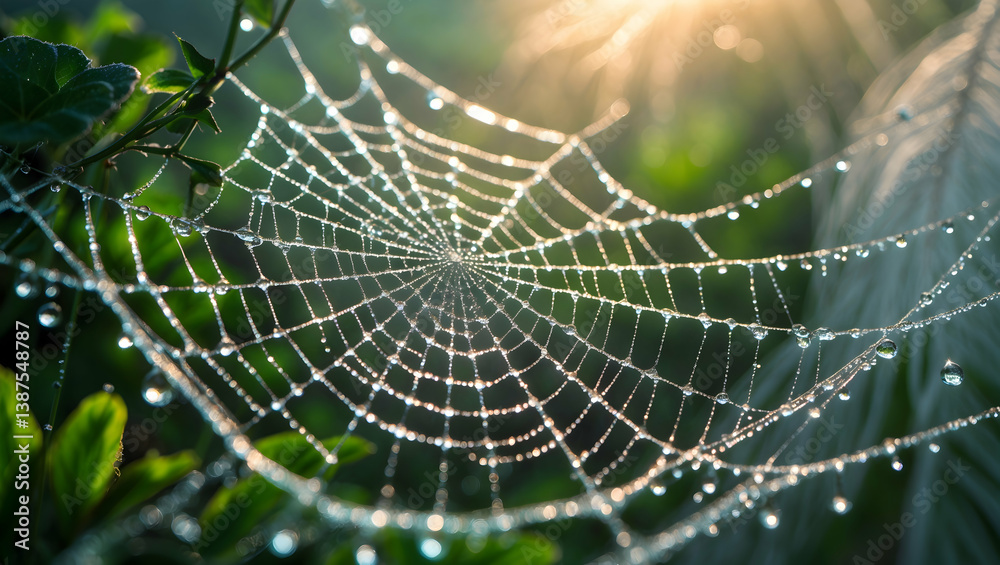 Naklejka premium Intricate spider web glistening with numerous dewdrops in soft morning sunlight against a blurred green background