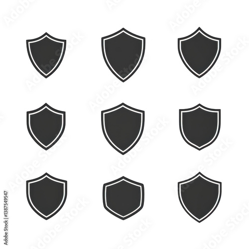 A Nine black shield icons with white outlines are arranged in grid pattern, symbolizing protection and security. minimalist design is suitable for digital interfaces or graphic design projects
