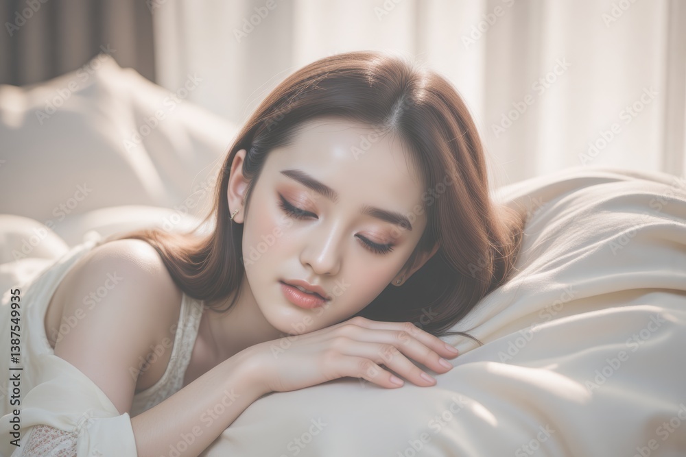 Beautiful Asian Woman Sleeping Peacefully in Bed, Morning Light, Relaxation, Serenity, Healthy Lifestyle, Beauty Sleep Beautiful Asian Woman Sleeping Peacefully in Bed, Morning Light, Relaxation, Serenity, Healthy Lifestyle, Beauty Sleep