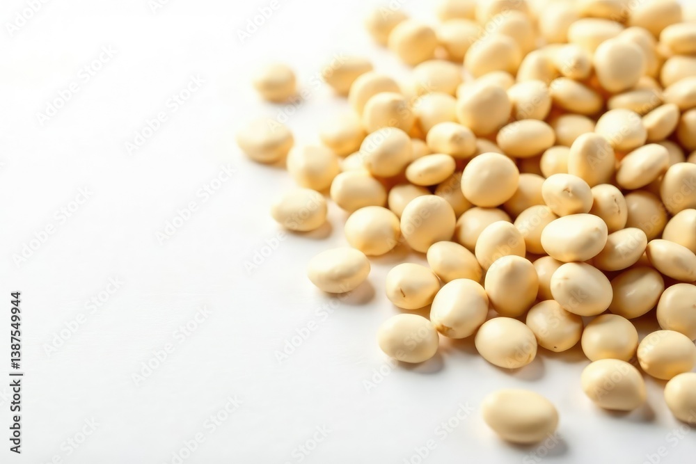 Scattered dried white beans on pristine white background, cannellini beans, raw beans, food Scattered dried white beans on pristine white background, cannellini beans, raw beans, food