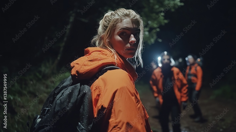 Obraz premium Woman in orange jacket looks back at camera 