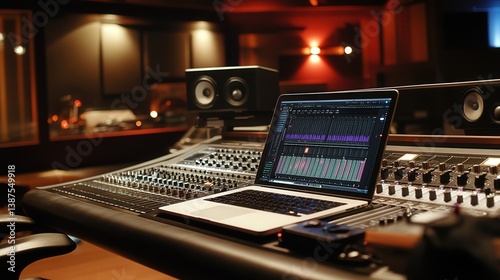 Inside a contemporary recording studio, the control desk displays a laptop with digital audio workstation software