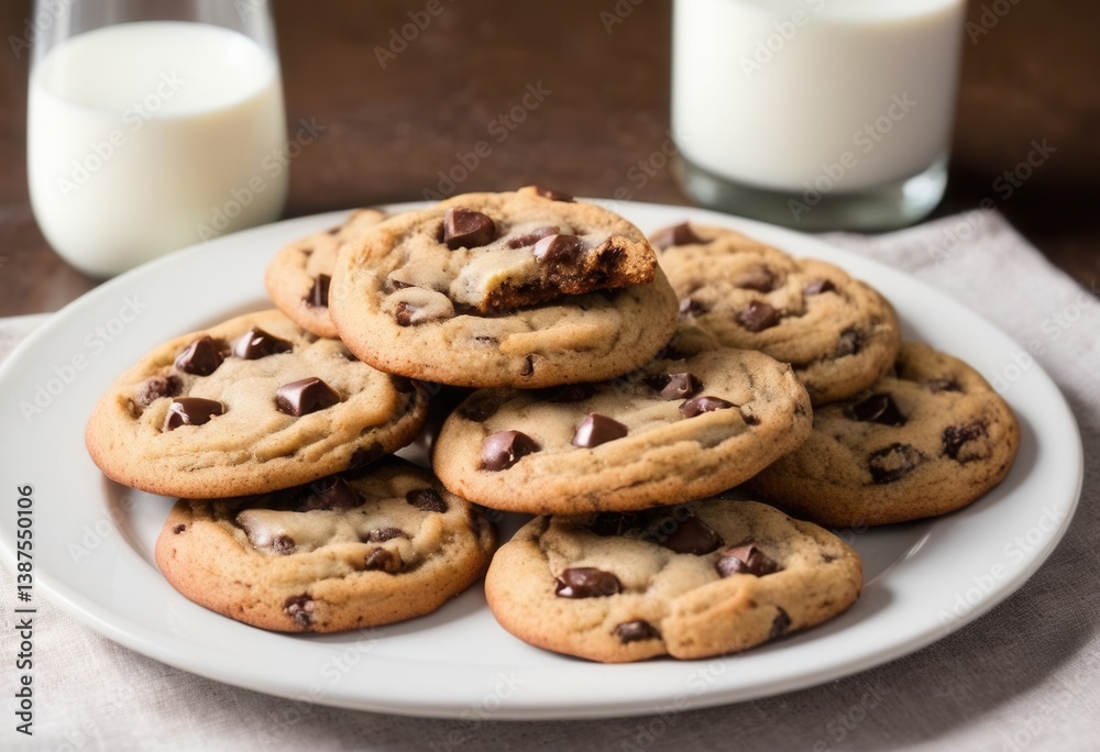 Delicious chocolate chip cookies on plate with glasses of milk Delicious chocolate chip cookies on plate with glasses of milk