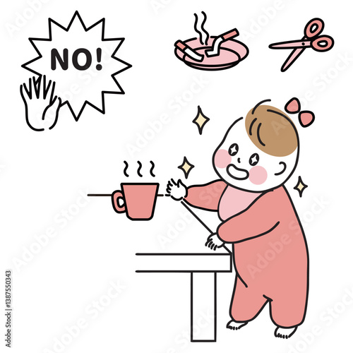 つかまり立ちをして危険なものに手を伸ばす赤ちゃん